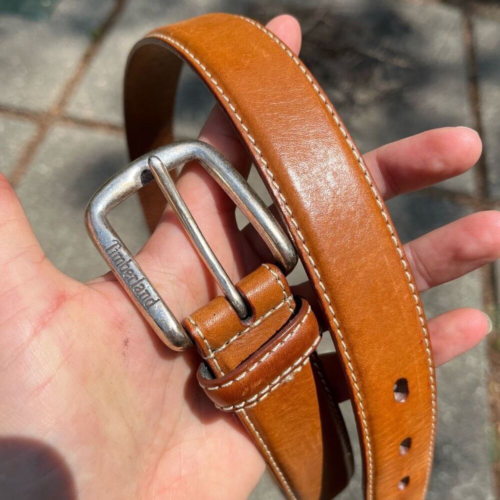 Timberland Tan Leather Belt Sz 34/85 Logo Buckle Contrast Stitching Unisex